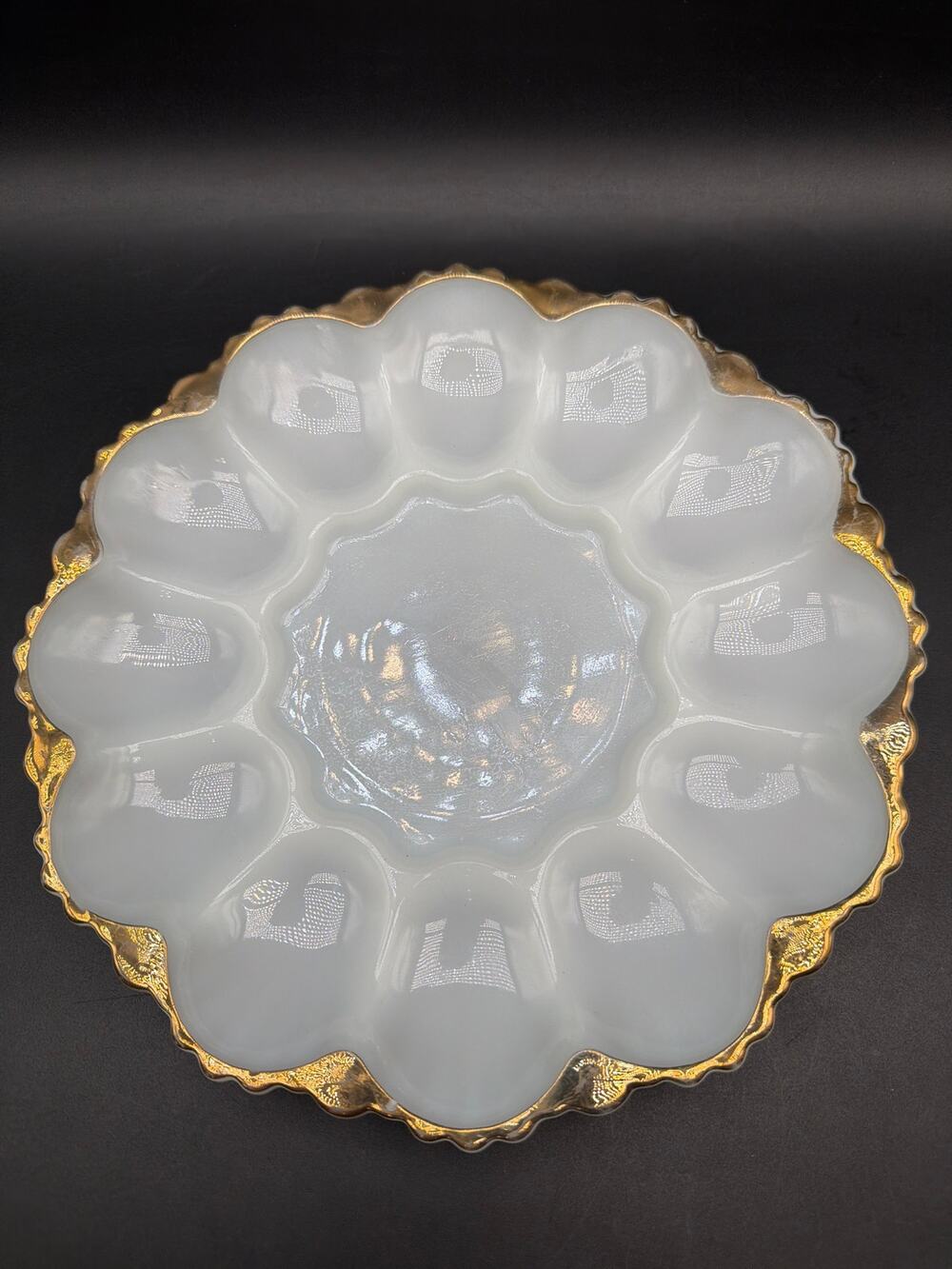 Vintage Anchor Hocking Milk Glass Deviled Egg Plate Gold Trim 10" 12 Egg